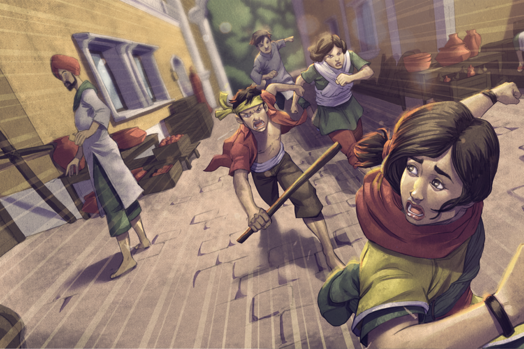 Illustration d’une Haroona plus jeune fuyant un gang de rue, telle qu’elle apparaît dans la bande dessinée Unknown 9: Echoes.