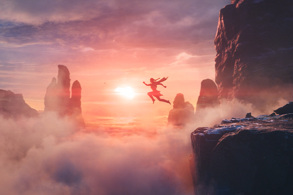 Haroona, d’Unknown 9: Awakening, saute à travers un canyon.